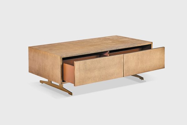 KAWOLA Couchtisch GALA 2 Schubladen Kunstleder goldfarben Fuß Edelstahl gebürstet 40 x 60 x 120 cm