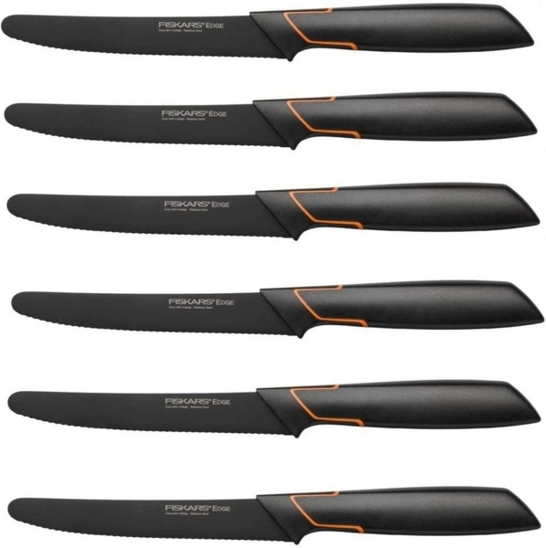 Fiskars 6 Stück Tafelmesser - Tomatenmesser Edge mit Wellenschliff rostfrei - Modernes Design - Schwarz