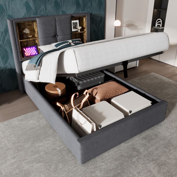 Polsterbett 90x200 cm mit Stauraum – USB, USB-C und kabellosem Laden, Kopfteil mit Ablagefächern