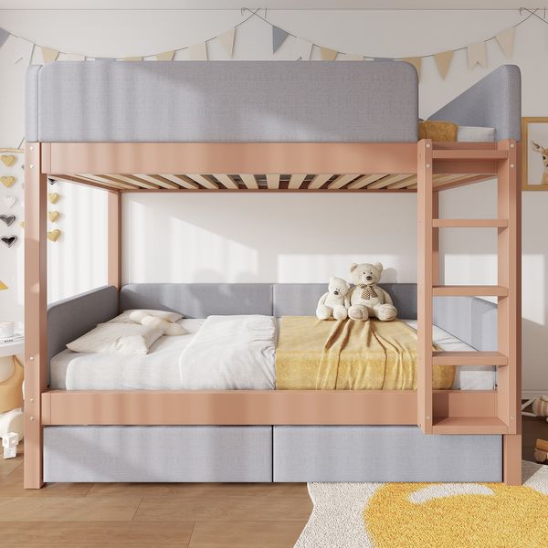 Merax Etagenbett, 90x200cm Kinderbett, Weiche Antikollisions-Schwammkante, Vierstufige gerade Treppe, Mit zwei Schubladen, Stabile Lattenroste, Grau+Natur