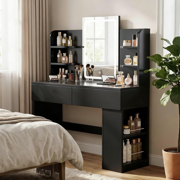JUMMICO Schminktisch mit Spiegel, 3-farbiger LED-Beleuchtung & seitlichem Aufbewahrungsschrank, Schwarz, 135x108x40 cm
