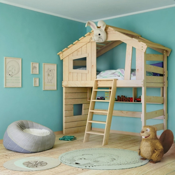 BIBEX ‘Alpin Chalet‘ Hochbett mit Hangeregal, massive Kiefer, naturbelassen, 90 x 200 cm