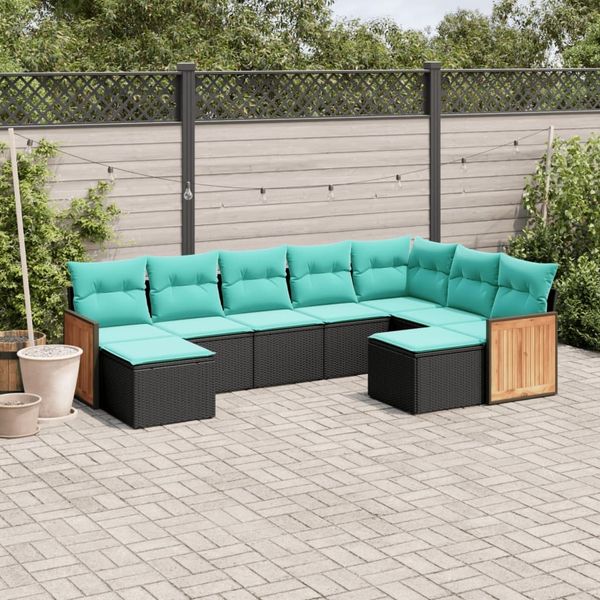 vidaXL 9-teiliges Gartensofa-Set mit Kissen, schwarzes Polyrattan 3228220