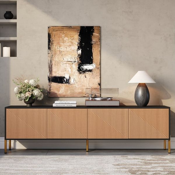 Merax Lowboard mit Farbblock in Schwarz und Gold (1 St, 179 × 35 × 53,5 cm), TV-Schrank mit Strukturfront, Schranktüren, 4 Fächern und Metallbeinen