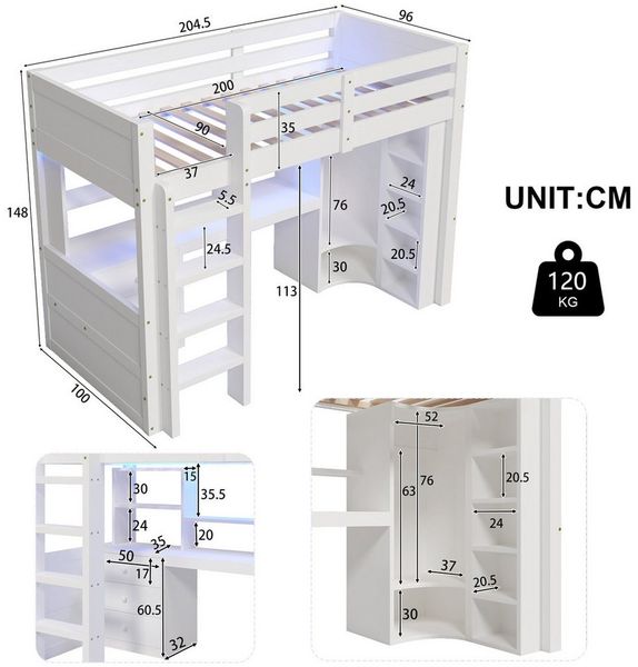 Ulife Hochbett Kinderbett Jugendbett Holzbett mit LED-Beleuchtung (1-St, Ohne Matratze) mit Kleiderschrank, Schreibtisch, Schubladen & Staufächern