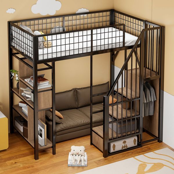 Novelux Metallhochbett 90x200 cm mit Treppe und Stauraum – Stabiles Hochbett aus Metall in Schwarz, Multifunktionales Kinderbett & Erwachsenenbett 114kg