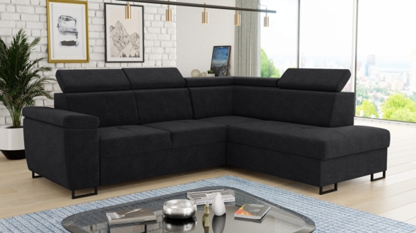 Ecksofa Natan mit Schlaffunktion und einstellbare Kopfstützen - Wohnlandschaft mit Metallfüßen, Couchgarnitur, Bettkasten, Sofa (Ecksofa Rechts, Schwarz (Kronos 07))