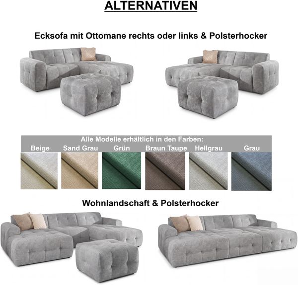 luma-home Modernes Ecksofa mit Ottomane rechts, markante Steppungen, Chenille in Hellgrau, 234 x 161 x 79 cm Bild 10