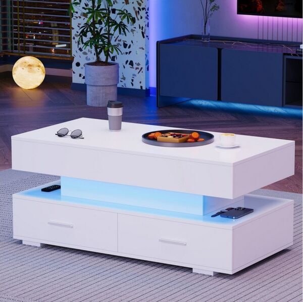 Merax Couchtisch mit LED und Schubladen, Kaffeetisch mit APP Steurung, Beistelltisch mit ausziehbarer Tischplatte, Wohnzimmertisch
