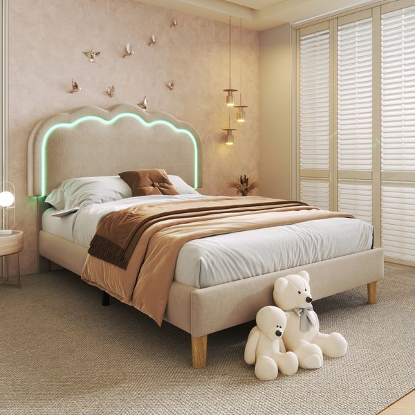 Polsterbett 90x190 cm mit verstellbarem Kopfteil und LED, Beige, ohne Matratze