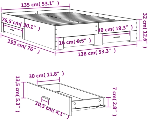 vidaXL Bettgestell mit Schubladen Betongrau 135x190 cm Holzwerkstoff 3280408 Bild 9
