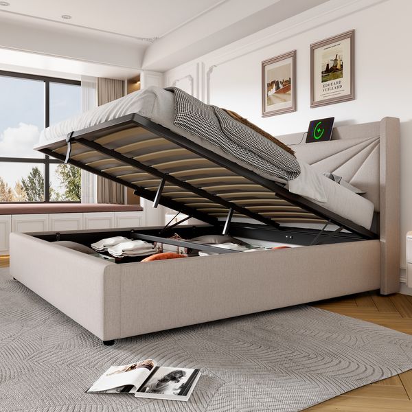 Polsterbett 140×200 cm aus Baumwoll-Leinen-Stoff mit USB- und Typ-C-Ladefunktion, beige