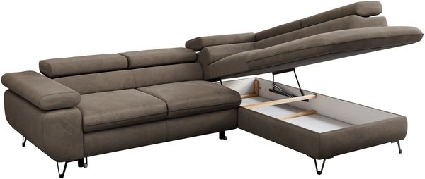 Mks Möbel 'Peter L-form' Ecksofa mit Bettfunktion, Bettkasten & einstellbaren Kopfstützen, Braun, Velours, mit Topper, rechts Bild 5
