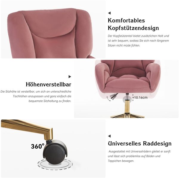 Drehstuhl aus Samt mit verstellbarer goldener Basis, 360° drehbar, ergonomisch gepolstert,Rosa Bild 4
