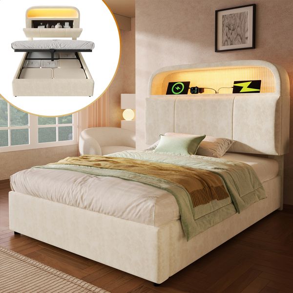 Polsterbett 90x200 cm mit höhenverstellbarem Stauraum-Kopfteil, LED, USB/Type-C und ohne Matratze