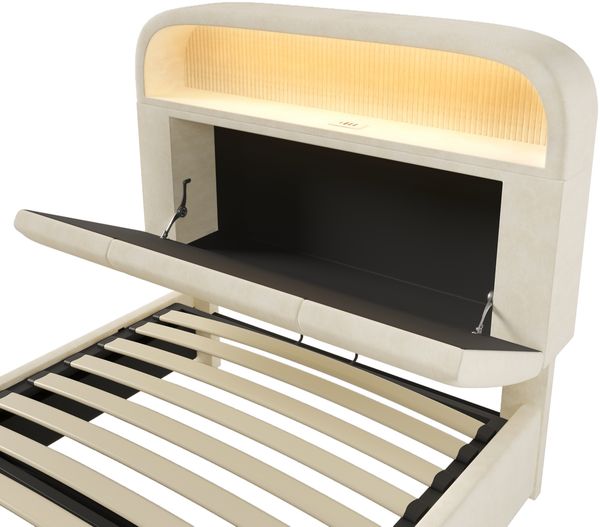 Polsterbett 90x200 cm mit höhenverstellbarem Stauraum-Kopfteil, LED, USB/Type-C und ohne Matratze Bild 10