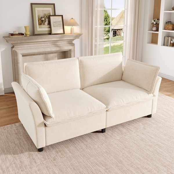 Merax 2-Sitzer Sofa, Zweisitzer Sofa, dicke weiche Polster, Wolkensofa-Gefühl, mit 2 Armlehnenkissen, Chenille Stoff, Beige