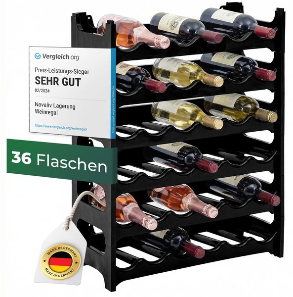 Novaliv Flaschenregal für 36 Flaschen aus Kunststoff, erweiterbar, Weinregal stapelbar, Schwarz, Getränkeregal Flaschen Regalsystem, Regal für Getränke, Flaschenschrank, Spirituosen Regal