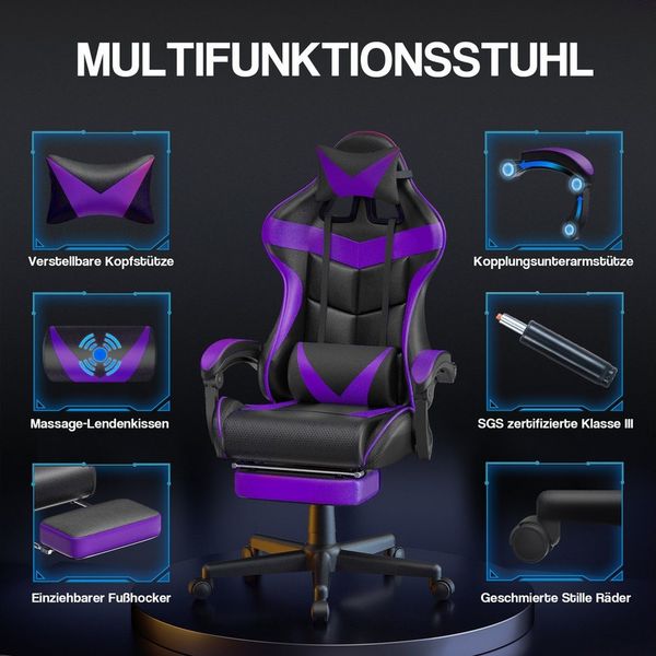 Ferghana Gaming-Stuhl Gaming Sessel mit Fußstütze,Kopfstütze,MassageLendenkissen (Packung), Ergonomisch Gaming Stuhl für Gamer YouTube Livestreaming Xbox