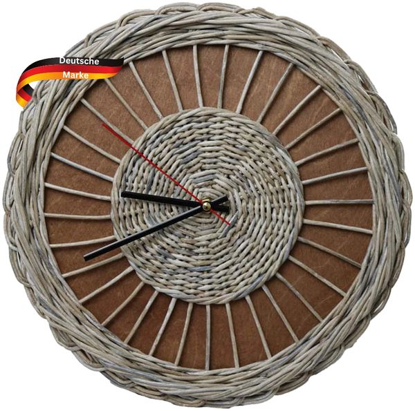 Wanduhr groß Holz [RATTAN] - 37cm ⌀, Massivholz, Geräuschlos | Wohnzimmeruhr Holzoptik Küchenuhr Dekouhr