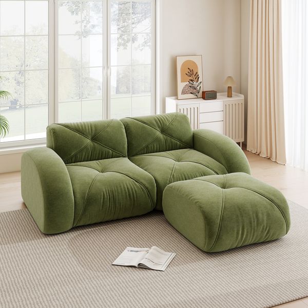 Sofa 2-Sitzer mit Hocker in Grün, Chenille-Bezug, modulares rahmenloses Design mit 32D-Schaumstoff,76 x 204 x 171 cm