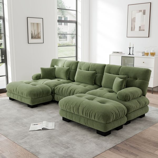 Modulare Mehrsitzer Wohnlandschaft H 81 x T 313 x B 145 cm aus Chenille in Grün, erweiterbar mit Ottomane