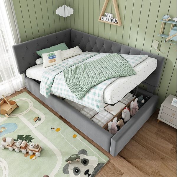 Odikalo Stauraumbett Polsterbett Kinderbett Schlafsofa Hydraulik 90x200cm Beige/Grau/Rosa