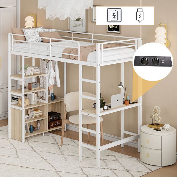 Hochbett, 90*200cm , Ohne Matratze, Bett mit Schreibtisch, Mit Steckdose und USB, Mehrere Regale, Offener Lagerschrank, Geländer, Leiter, Eisenrahmen, Weiß