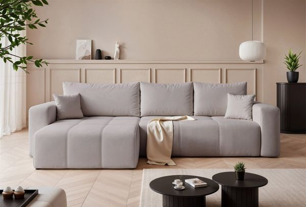Ecksofa Schlafsofa Sofa LEROS XL in Stoff Manila Hellgrau Ottomane Links