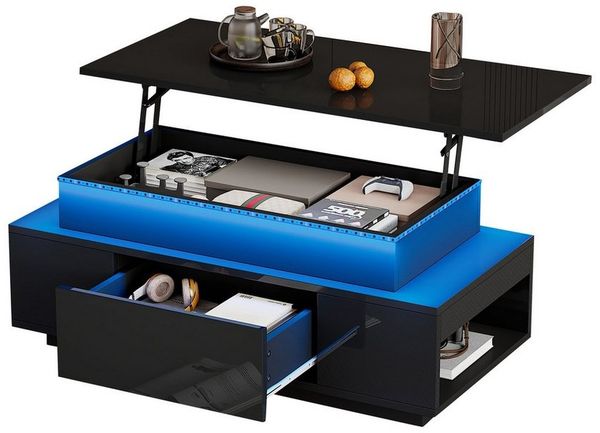 KLAM HOME Couchtisch Höhenverstellbarer Couchtisch Mit LED Beleuchtung Und Schublade (Multifunktionaler Kaffeetisch Mit Hydraulik Hub Und Stauraum), Modernes Wohnzimmer Beistelltisch Schwarz Hochglanz Für Büro Und Party