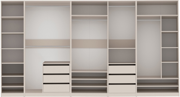 Marmex Möbel TRES SET R Großes offenes Kleiderschrank-Set, Schranksystem mit offenen Fächern, Kleiderschrank mit Kleiderstangen und Schubladen, laminierte Spanplatte, graubeige cashmere, 380x206x51 cm