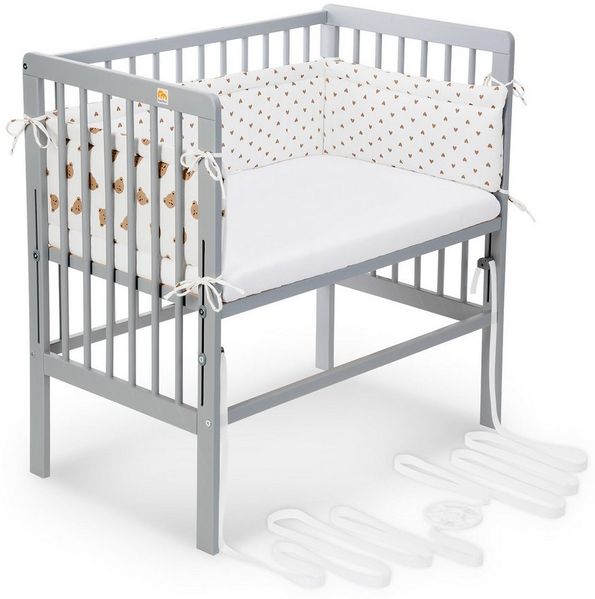 FabiMax Beistellbett Babybett Boxspring grau, 90 x 55 cm Liegefläche, aus Buchenholz, Stufenlos höhenverstellbar 40-73 cm, Holz-Lattenrost