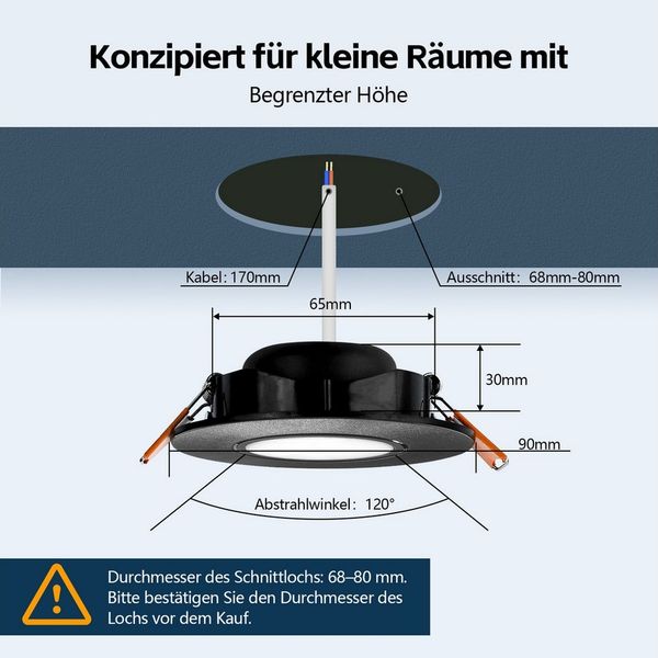 GeyouLux LED Einbaustrahler Dimmbar 68-80mm 4.9W Ultra Flach LED Spots, 45°Schwenkbar, warmweiß, neutralweiß, kaltweiß, Deckenspots, Einbauleuchten Küche Spots Deckenleuchte 6er Set