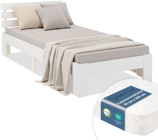 Holzbett 90x200 mit Federkernmatratze und Lattenrost Bett Jugendbett Einzelbett Holzbettrahmen Weiß Massiv Holz