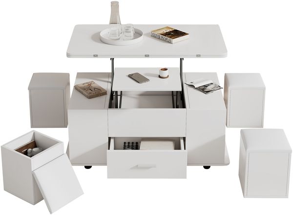 Couchtisch 100 x 50 x 45 cm, höhenverstellbar & ausklappbar, mit 4 Hockern, Stauraum und Rollen, Weiß Bild 7