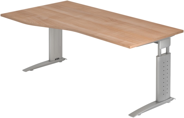 bümö höhenverstellbarer Schreibtisch U-Serie 180x100 Nussbaum, Gestell in Silber - großer PC Tisch für's Büro manuell höhenverstellbar, Computertisch verstellbar, US-18-N-S