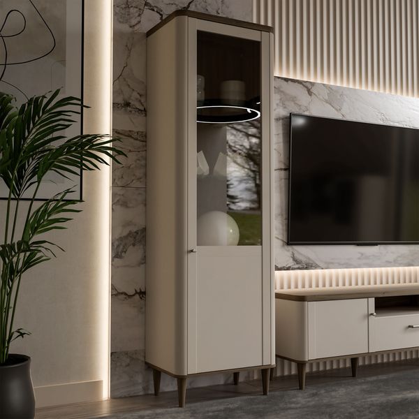 Forte LACETTI Vitrine 60, moderne Wohnzimmervitrine mit Skandi Lamellen Design, 1-türig, Holzwerkstoff, Kaschmir | Beige mit Valencia Eiche Holzdekor, 60,4 cm breit x 200,5 cm hoch x 41,2 cm tief