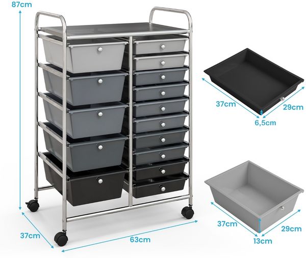 Rollwagen mit 15 stapelbaren Schubladen Rollcontainer Beistellwagen mit 15 Schubladen Silber 62,5 x 37 x 87 cm Bild 2