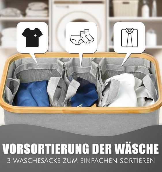 skelo Wäschekorb Wäschekorb 3 Fächer, 160 L Wäschesammler mit Deckel, 57 × 37 × 74cm (Wäschekorb + 3 herausnehmbare Innenbeutel), Mit Abnehmbaren Wäschesäcken, Körbe für Schlafzimmer, Waschküche