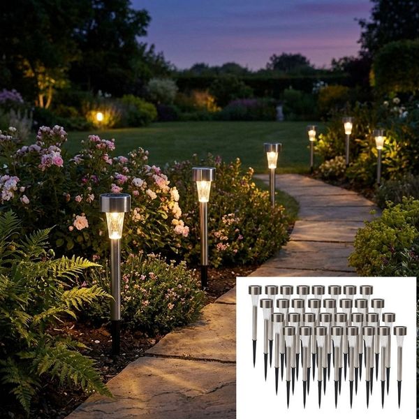 Casativo LED Solarleuchte Mini-LED Solarleuchten, Edelstahl-Erdspieß IP44 für Garten 16/32 St, LED fest integriert, bis zu 8h Licht/Dämmerungssensor/Ø x H: je 4,6 × 31,2 cm
