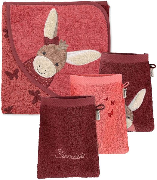 Sterntaler Multipack Frottee Esel Emmily Set, Kapuzenbadetuch 100x100 cm und 3 Waschlappen, saugfähige Baumwolle, weich & hautfreundlich, mattrot