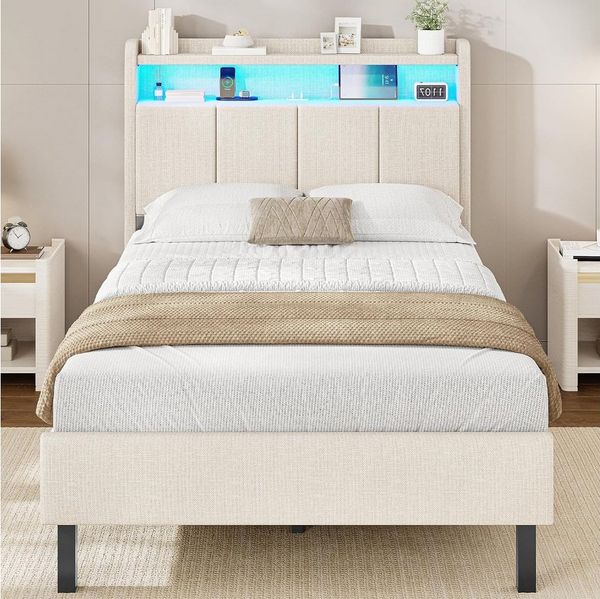 MSMASK Polsterbett mit integrierter LED-Beleuchtung und Ladestation, Stauraumbett (Ohne Matratze), Jugendbett Einzelbett mit Holzlattenrost, 90x200 cm