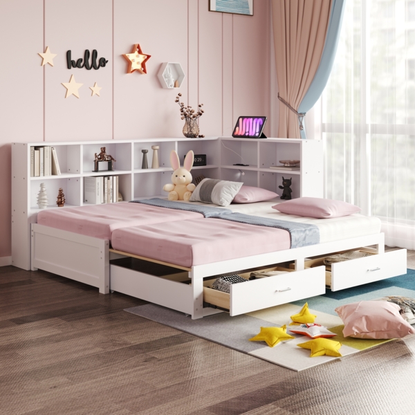 Merax Daybett, kinderbett 90/180*190cm, Mit Ausziehbarem Bett, Mit Staufach, multifunktionale Euro-Steckdose, Schubladen, Weiß