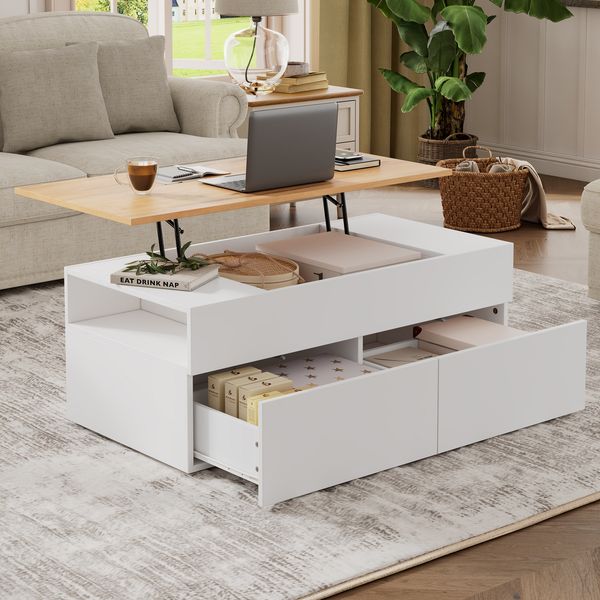 Couchtisch Höhenverstellbarer Kaffeetisch mit Verstecktem Stauraum Wohnzimmertisch mit 2 Schubladen Sofatisch mit halboffenem Stauraum Beistelltisch MDF Weiß + Holzfarbe 100 x 50 x 40 cm