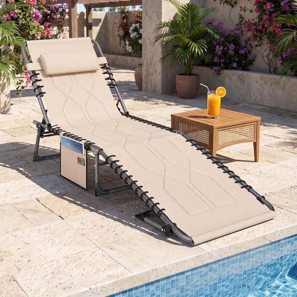 Outsunny Gartenliege mit Kopfkissen, Seitentasche, 5-Fach verstellbare Rückenlehne, Sonnenliege klappbar, 1 St, wetterfeste Liegestuhl, bis 130 kg belastbar, für Garten Strand Pool, Beige