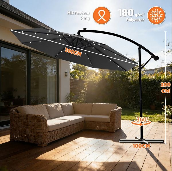 Huracan Sonnenschirm LED Solar Ø 250/300/350cm Ampelschirm mit Kurbel, Ständer, Gartenschirm Balkonschirm UV-Schutz Aluminium wasserdicht 360°neigbar