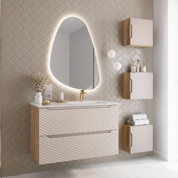 Lomadox Badmöbel-Set OLUO-56-BEIGE, (Spar-Set, 5-St, LED-Spiegel Waschtisch Hängeschränke), mit 90cm Keramikwaschbecken, Eiche mit beige, 3D-Oberfläche