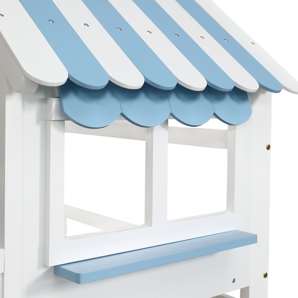 Etagenbett für Kinder, Massivholz-Gestell, mit Leiter, Fensterdesign, Stauraumboxen und Kreidetafel,Weiß&blau Bild 10