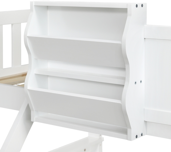 Etagenbett für Kinder, Massivholz-Gestell, mit Leiter, Fensterdesign, Stauraumboxen und Kreidetafel,Weiß&blau Bild 9