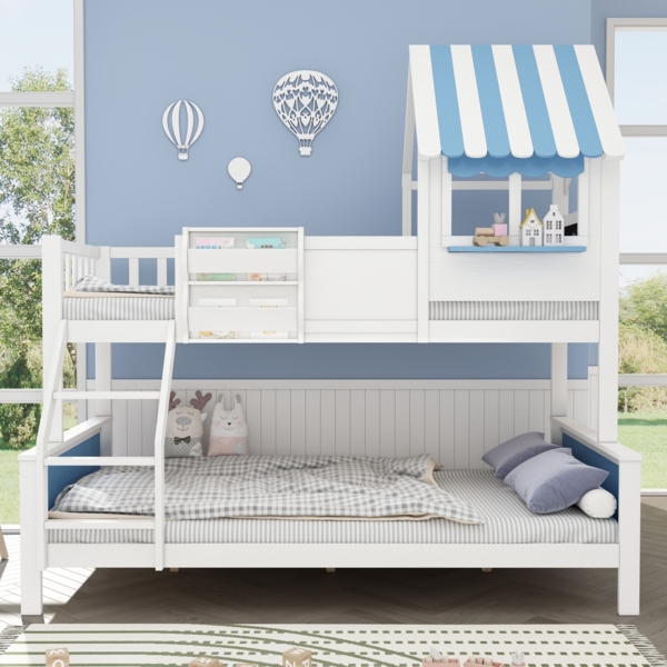 Etagenbett für Kinder, Massivholz-Gestell, mit Leiter, Fensterdesign, Stauraumboxen und Kreidetafel,Weiß&blau Bild 2